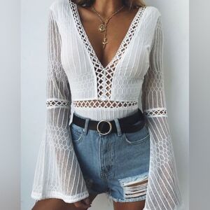 NWT Baevely Lace Crochet Bodysuit, Sheer Long Bell Sleeves, Plunging Neckline.